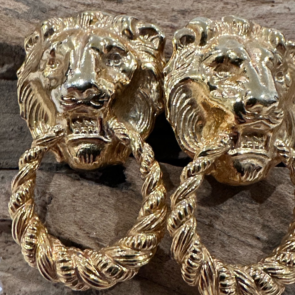 Lion Head Door Knocker Earrings Gold Tone